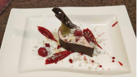 Raspberry Mousse in a chocolate teardrop, raspberry fluid gel, raspberry caviar, chocolate run outs and chocolate snow (Day 3)