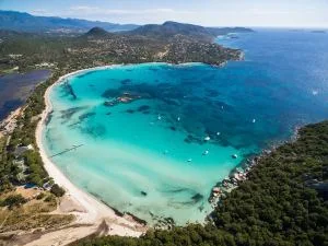 Aerial view of Santa Giulia beach, located just south of Porto Vecchio, Corsica