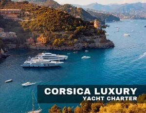 A stunning scene typical of a luxurious yacht charter in Corsica. The picture shows multiple yachts anchored near a rugged coastline adorned with lush vegetation and terracotta-roofed buildings. The water is a vibrant shade of blue, reflecting the unspoiled beauty of the Mediterranean landscape. The image text, "CORSICA LUXURY YACHT CHARTER," positions the scene within the high-end travel and leisure market, promising an exclusive and memorable experience. This could serve as an excellent visual for promoting the unique blend of natural beauty and luxury that Corsica offers to yacht enthusiasts.