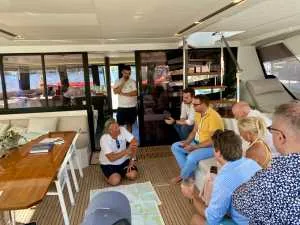 Captain Evan explains itinerary onboard Catamaran Alexandra II, at the East Med Yacht Show in Poros 2024