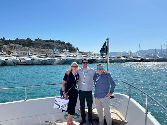 Charter Brokers Sarah, Louis and Chris, at MEDYS Yacht Show in Nafplion, Greece 2024