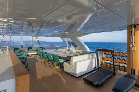 Vast sundeck with gym equipment